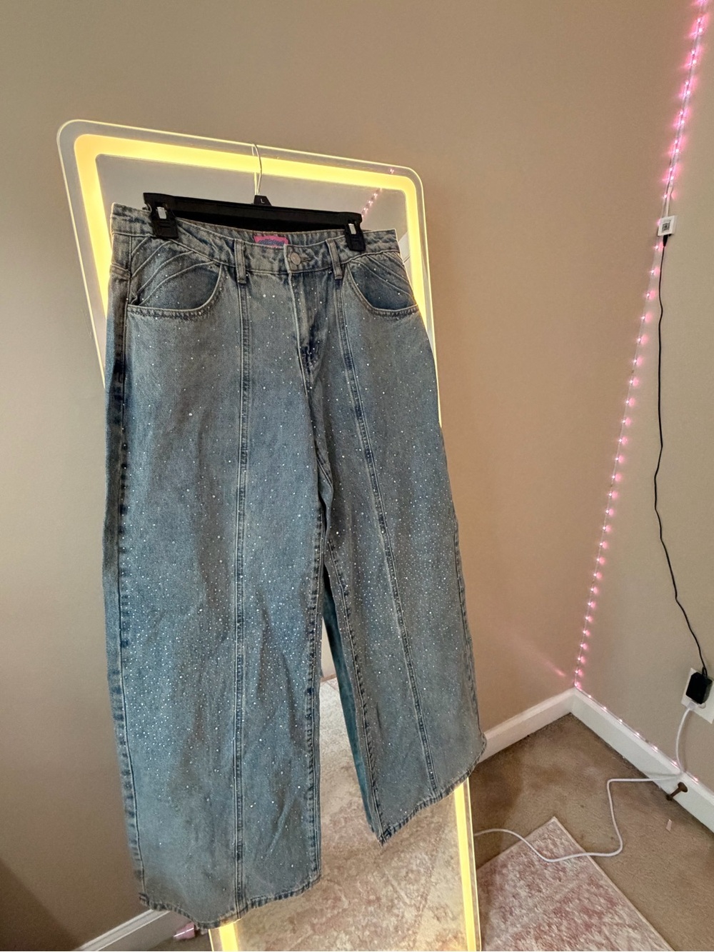 Edikted Glitter Cropped Wide-Leg Jeans - Blue- Brand New Without Tag!